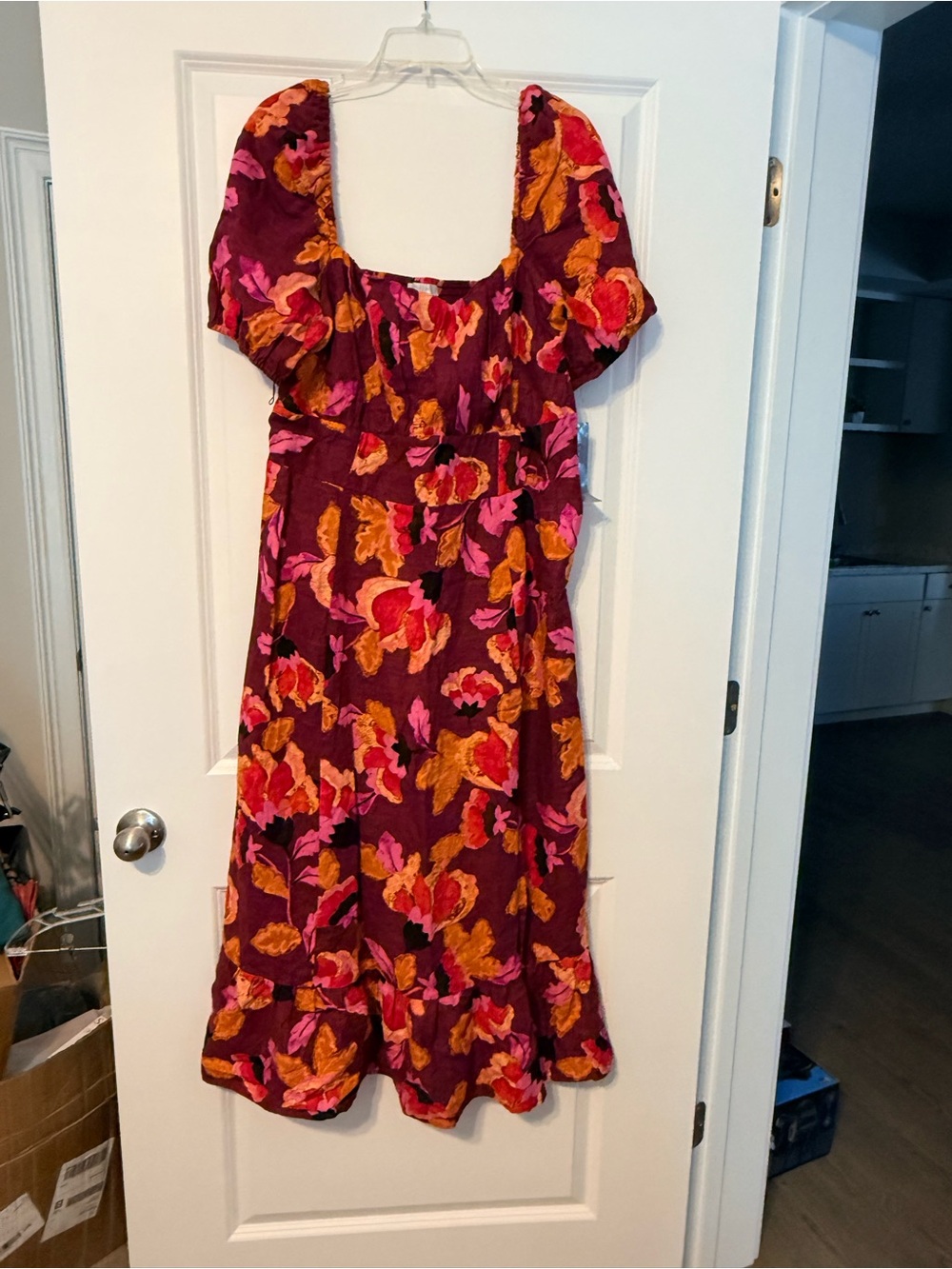 London Times Floral Square-Neck Midi Dress - Burgundy, Pink & Orange